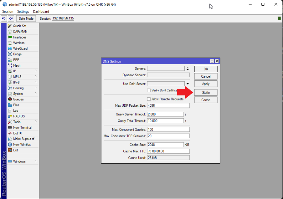 DNS Выбор Static в окне DNS Settings