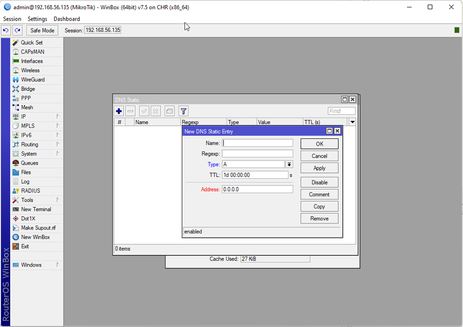 DNS Окно добавления новой статической DNS-записи