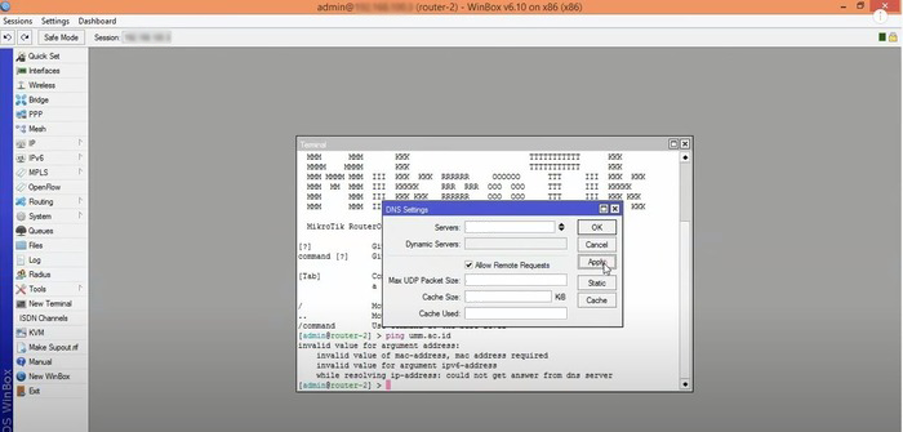 DNS Окно настроек DNS в рабочей области Winbox