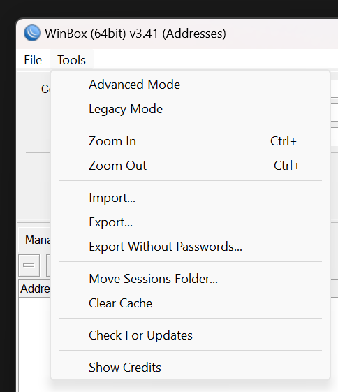 Режимы загрузки WinBox Меню Tools